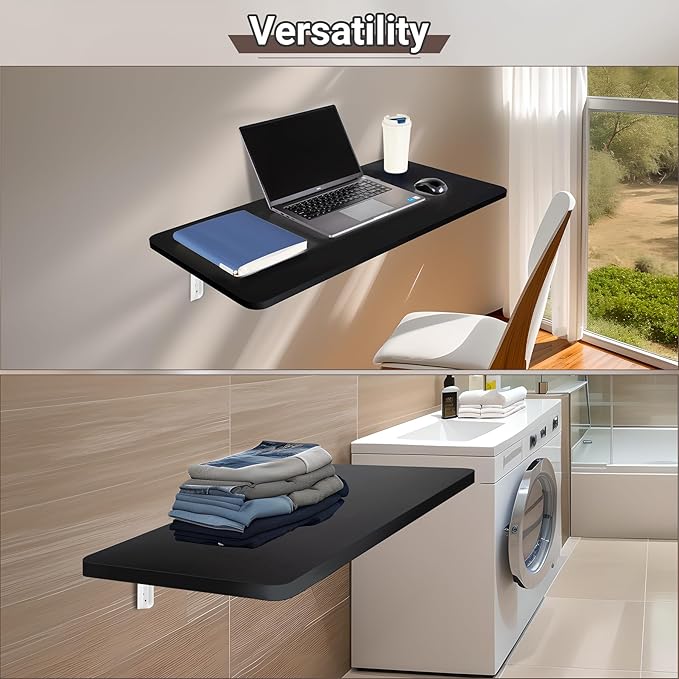 Wall Mounted Folding Table 31.5”L x 15.7”W, Laundry Folding Table with Heavy Duty Metal Collapsible Shelf Brackets, Wall Mounted Desk Fold Down for Small Spaces, Black