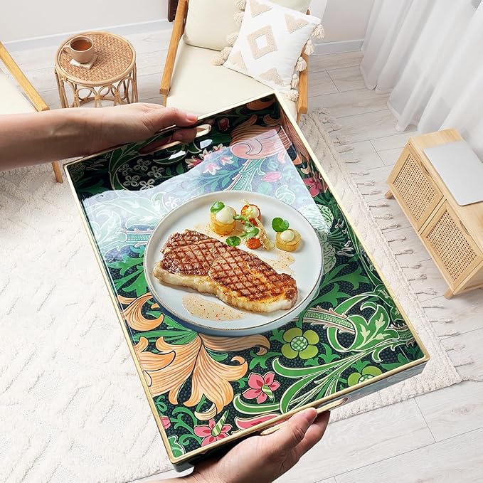 Zosenley Rectangular - Decorative Plastic Tray with Handles Modern Vanity Serving for Ottoman, Coffee Table, Kitchen and Bathroom 13.8 x 9.84 Inch (Morris Green)