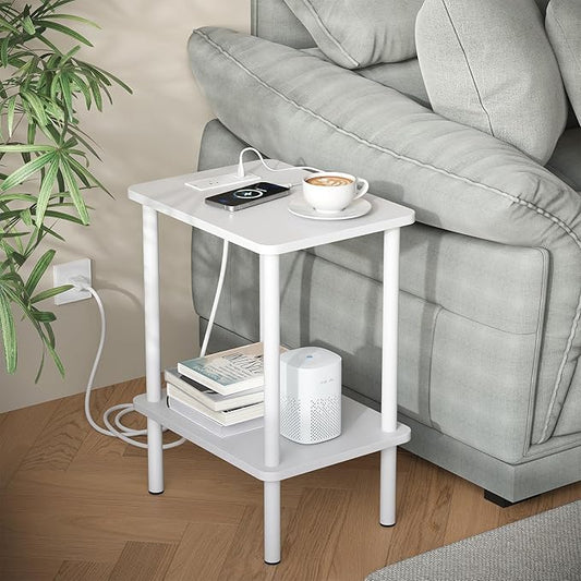 Apicizon 2 Tier End Table, Small Side Table with Charging Station, Boho Bedside Table with USB Ports and Outlets, Nightstand for Small Spaces, Bedroom, Living Room, Entryway, Easy Assembly, White