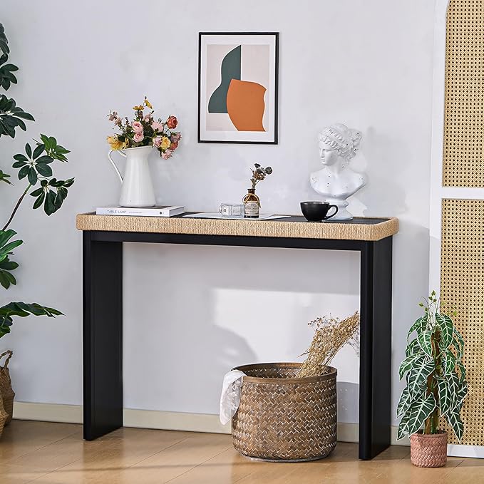 43" Wood Console Table for Entryway, Farmhouse Narrow Entry Tables with Rattan Decor, Boho Skinny Couch Table Behind Sofa for Living Room, Hallway, Foyer, Black