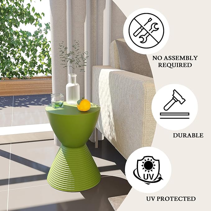 LeisureMod Green Hourglass Side Table with Storage – Modern Ribbed Drum End Table, Removable Lid, Compact Accent Table for Indoor/Outdoor Use