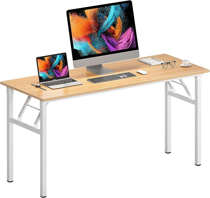 Need Home Office Desk Large Computer Desk 60 inch Sturdy Table Foldable Desk Gaming Computer Table No Assembly Required, Teak&White Frame AC5BW(152.4 * 60)