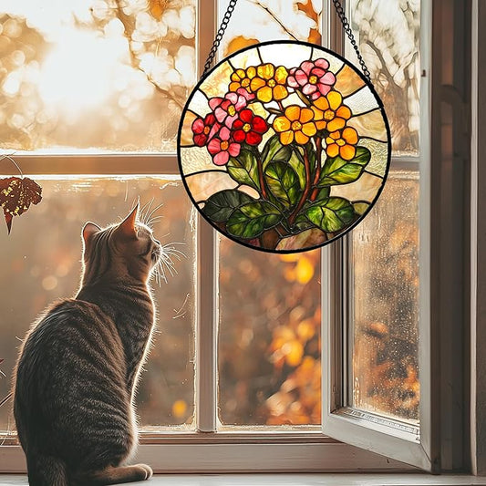 Stained Glass Window Hanging, Yellow Red Flowers Sun Catcher for Window Door Home Decor Green Plant Suncatcher Christmas Mother's Day Birthday Gifts for Women Men Mom and Nana 9.8 in