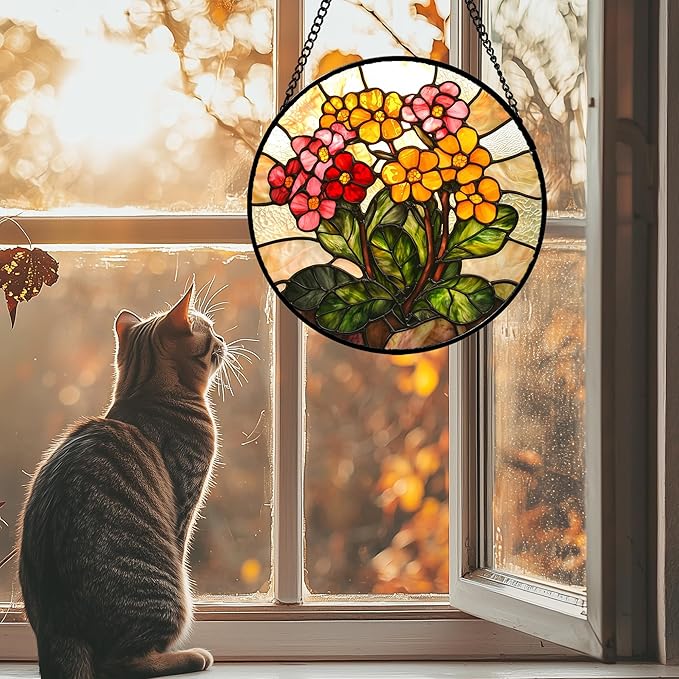 Stained Glass Window Hanging, Yellow Red Flowers Sun Catcher for Window Door Home Decor Green Plant Suncatcher Christmas Mother's Day Birthday Gifts for Women Men Mom and Nana 6.3 in
