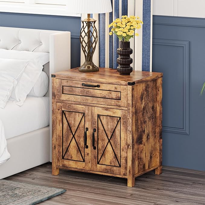 Maupvit End Table, Farmhouse End Table Narrow Side Table for Living Room, Sofa Side Table with Drawer and Storage Cabinet, Small Nightstand for Bedroom (Retro-Fire 2)