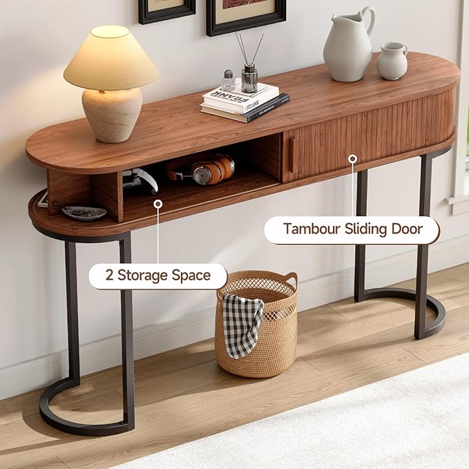 ONBRILL 55 Inch Console Table with 2 Drawers, Entryway Table with Sliding Door, Long Sofa Table Behind Couch w/Metal Leg, Mid-Century Modern Console Table for Entryway, Hallway, Living Room, Walnut