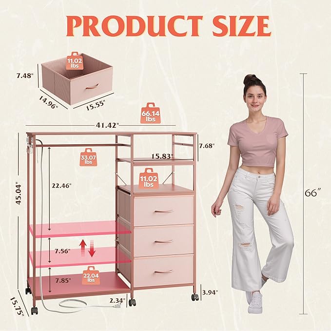 WLIVE Pink Dresser with Hanging Rack for Bedroom, 3 Drawer Dresser with LED Lights & Charging Station, Fabric Dressers & Chest of Drawers, Storage Organizer with Open Shelves for Living Room