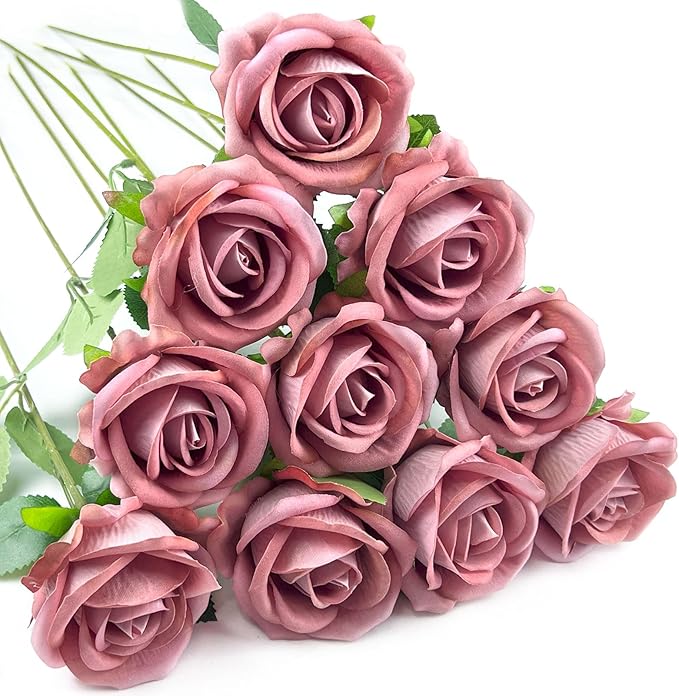 10 PCS Artificial Roses with Long Stems Silk Flowers Realistic Foam Flowers Fake Roses for Valentine's Day Home Wedding Halloween Decor(Dim Pink)