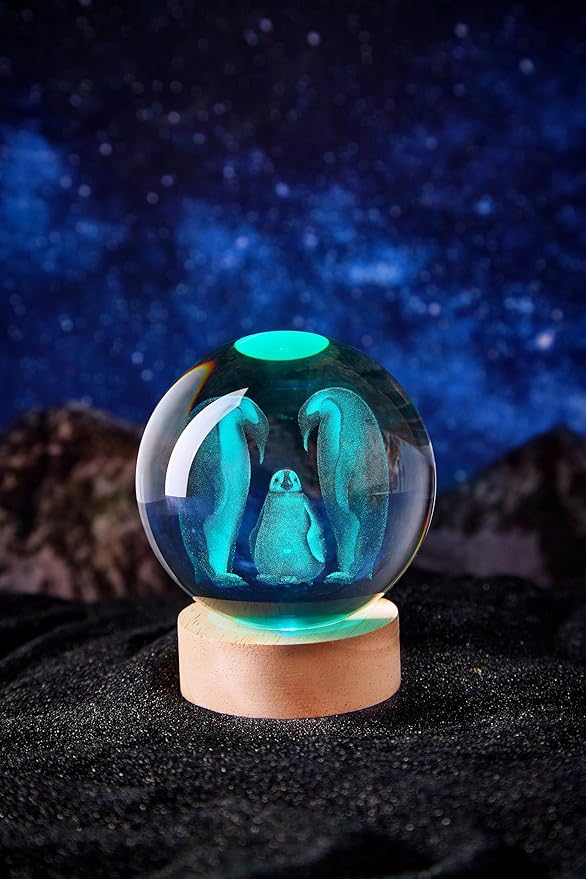 Penguin Crystal Ball Lamp with LED Wooden Base, 16 Colors Change & Remote Control Crystal Ball Night Light, Upgraded 3.15 Inch Glass Light, Gift for Kids Wife Girlfriend (Penguin)
