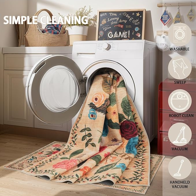 Rug for Hallways Kitchen Rug 2x8, Non Slip Washable Rugs with Rubber Backing Soft Floral Carpet Runner for Hallways, Kitchen, Laundry, Bedroom, Bathroom(2 x 8, Yellow Lawn)