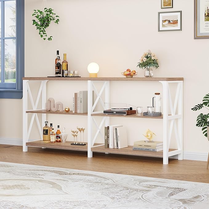 IBF Industrial Console Table, Wood and Metal Entryway Table with Shelves, Farmhouse White and Rustic Oak 3 Tier Sofa Tables for Living Room, Entry, Hallway 63 Inch
