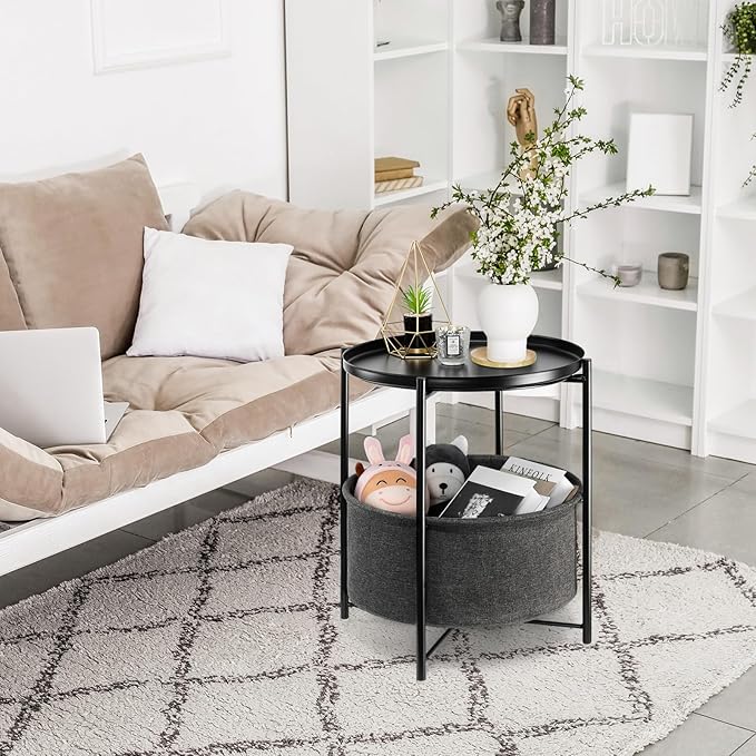 danpinera Round Side Table with Fabric Storage Basket, Metal Small Bedside Nightstand Removable Tray Top for Living Room, Bedroom, Nursery, Laundry, Ink Black
