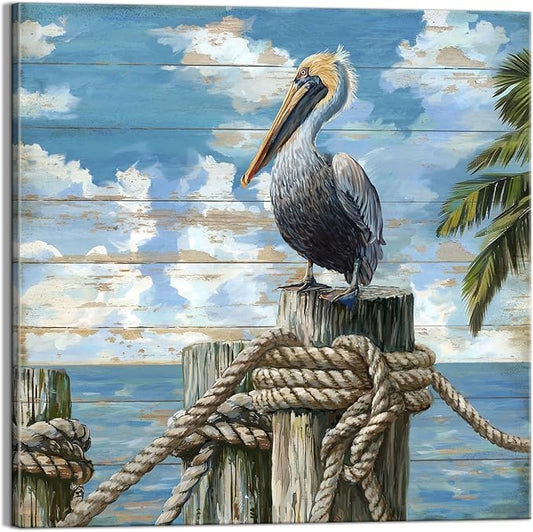 YUEYARIT Bathroom Decor pelican Wall Art Ocean Theme Blue sea Picture Canvas Print Modern Coastal Artwork Framed Hanging Dining Office Living Room