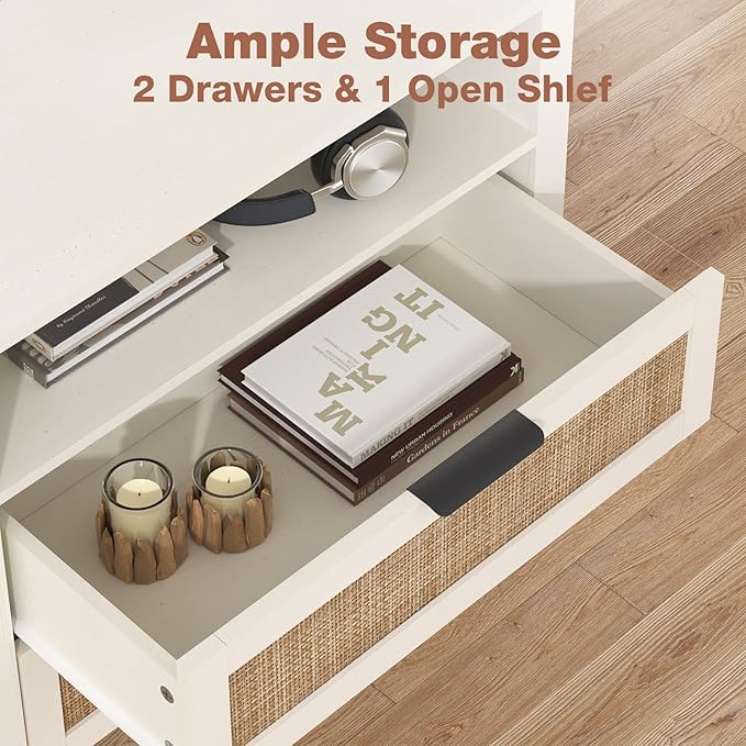 HOMMPA Nightstand with Charging Station, Rattan Night Stand with Drawer, Boho Bedside Table with USB and Type-C Ports, Large Side Table End Table for Bedroom, Living Room, Small Space, Cream