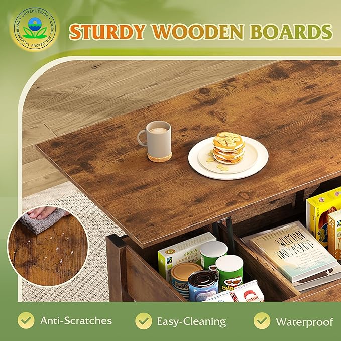 WLIVE Coffee Table, Lift Top Coffee Table with 2 Drawers, Large Hidden Hidden Compartment and Open Shelf, Lift Tabletop, Dining Table for Living Room, Rustic Brown