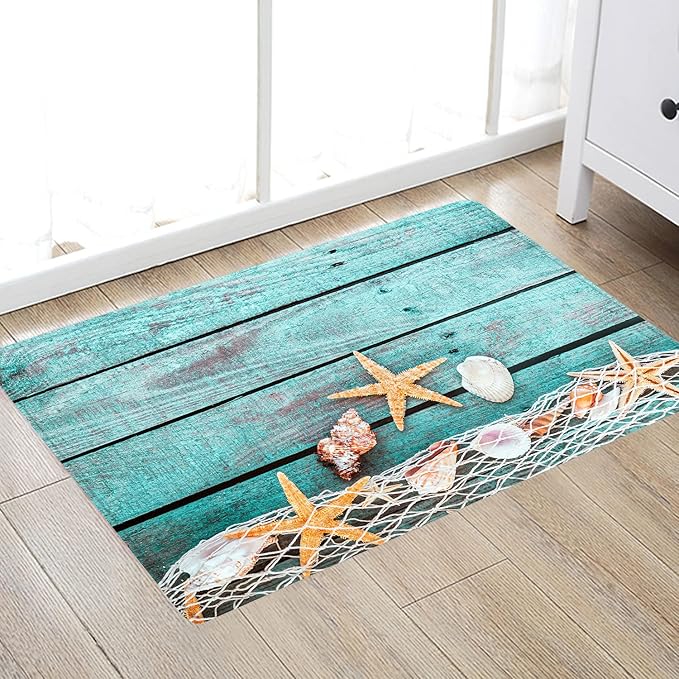 Bath Rugs Sponge Foam Absorbent Soft for Bathroom and Kitchen (30 x18 inches), Flannel Mat Non Slip Bright 3D Print for Bedside and Living Room(Starfish on Blue Wooden Board)