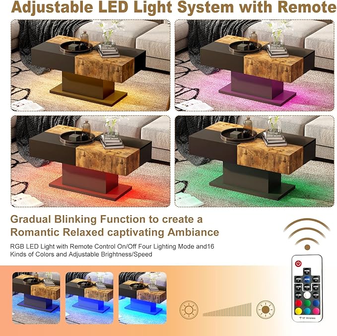 Led Coffee Table for Living Room, Living Room Table Rectangular Center Table, Modern Wooden Coffee Tables with 16 Colors LED Lights for Dining Reception Room