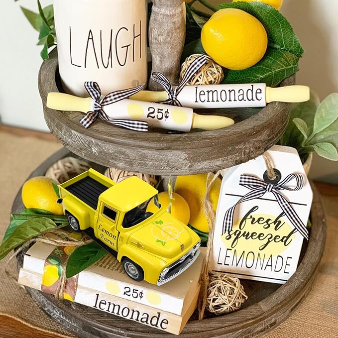 Lemon Truck Decor with Mini Fake Lemons Lemon Decorations for Home Kitchen Farmhouse Tabletop Centerpiece Summer Tiered Tray Decor Lemonade Stand Decorations Amalfi Coast Party Favor, Yellow