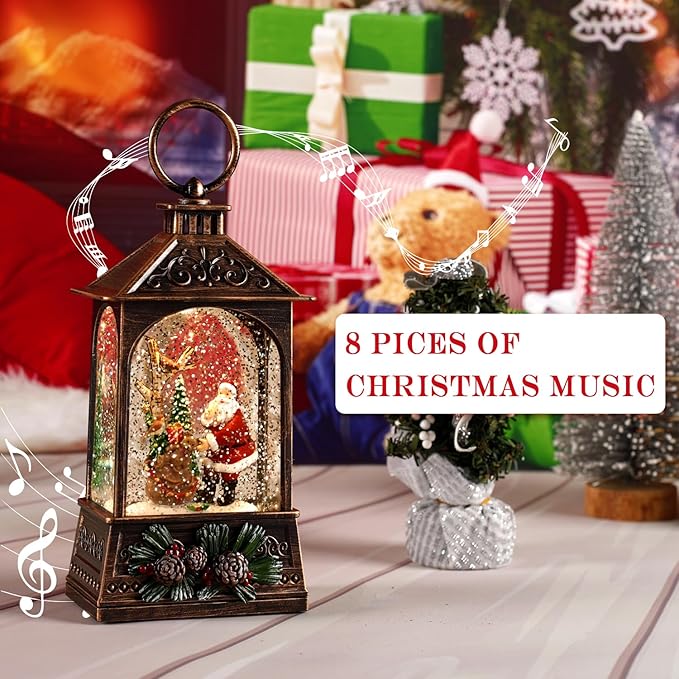 Christmas Lantern,Christmass Snow Globe Lantern Lights with 8 Christmas Songs,Battery & USB Powered,Christmass Snow Swirling Glitter Water Globe Lanterns for Xmas Home Decoration Holiday Party Gifts.