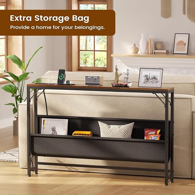 47.2'' Skinny Console Table with Charging Station and Storage, Narrow Sofa Table with Power Outlets and USB Ports, Behind Couch Table, for Living Room, Foyer, Entryway, Hallway, Rustic Brown