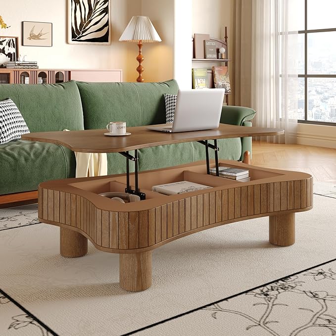 42.5" Lift Top Fluted Coffee Table with Hidden Storage Compartment, Modern Cloud-Shaped Wooden Center Table Cocktail Tea Table with Curved Safety Corners and Adjustable Height, Walnut
