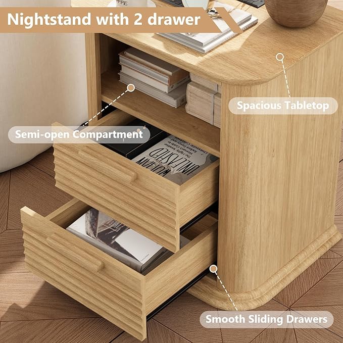 22'' Fluted Nightstand with Charging Station, Modern End Table with 2 Drawers and Open Storage, Wood Night Stand with Round Corner, Side Bedside Table for Bedroom, Living Room, Curved Profile,Natural