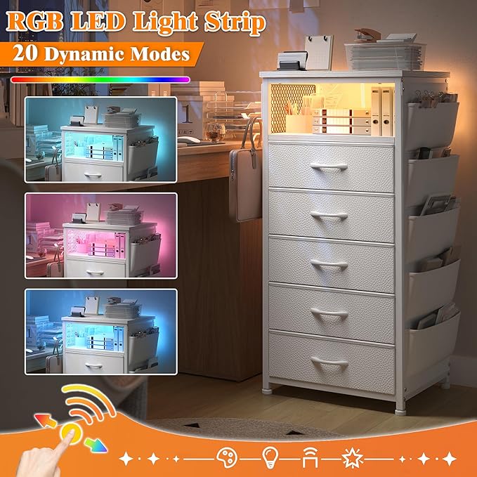 EnHomee Tall Night Stand Set 2 with 5 Drawers, LED Nightstand with Ports & Outlets, White Dresser with Extra Side Bag & Storage Shelf & Hooks, Bedroom, Dorm, Closet