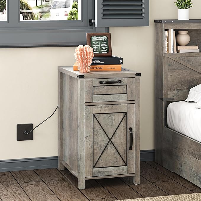 Maupvit End Table with Charging Station, Farmhouse End Table Narrow Side Table for Living Room, Sofa Side Table with Drawer and Storage Cabinet, Small Nightstand for Bedroom (Retro-Grey)