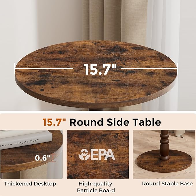 Round Side Table, Solid Wood Pillar, Large 15.7" Top, Small Accent Table for Living Room, Bedroom, Sofa, Entryway & Office, Easy Assembly, Rustic Brown