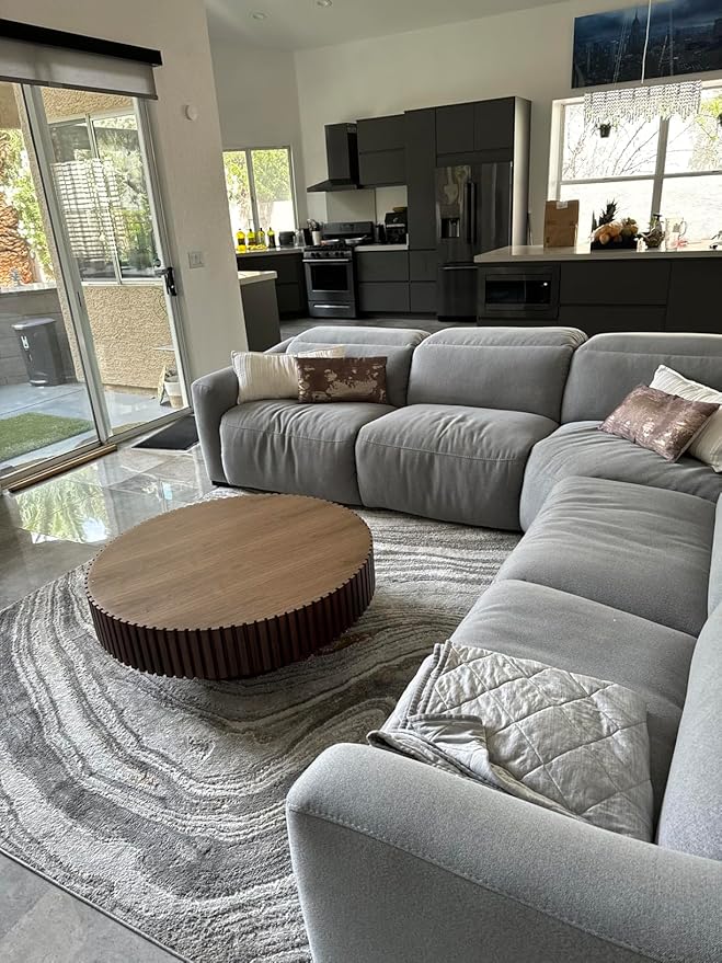 31.49'' Round Coffee Table for Living Room, Modern Wood Nesting Coffee Table Handcraft Circle Fluted Drum Coffee Table, Easy Assembly