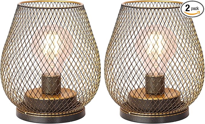NEEDOMO Set of 2 Battery Operated Lamp Outdoor Table Lantern, LED Metal Cage with Timer Mode, Vintage Decorative Lights Cordless Lamp Indoor Outdoor Patio Bedroom Living Room (Golden)