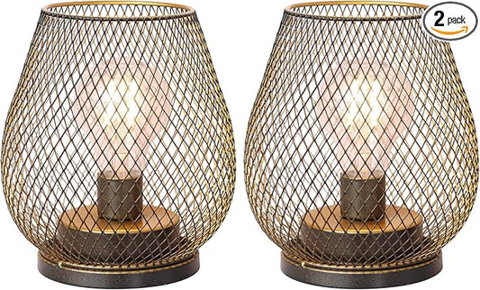 NEEDOMO Set of 2 Battery Operated Lamp Outdoor Table Lantern, LED Metal Cage with Timer Mode, Vintage Decorative Lights Cordless Lamp Indoor Outdoor Patio Bedroom Living Room (Golden)