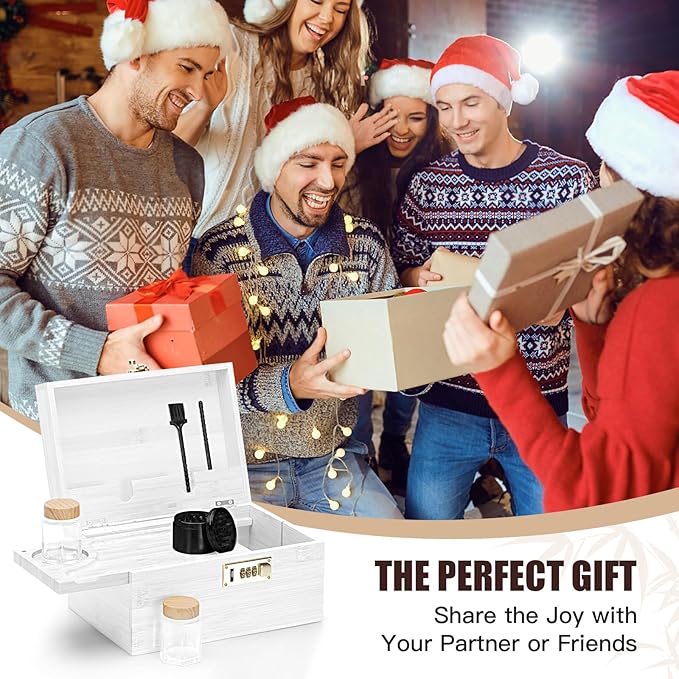 Large bamboo box, locked storage decorative box with combination lock, wooden lock box with lid, wooden locked storage box with removable tray and jars(White)