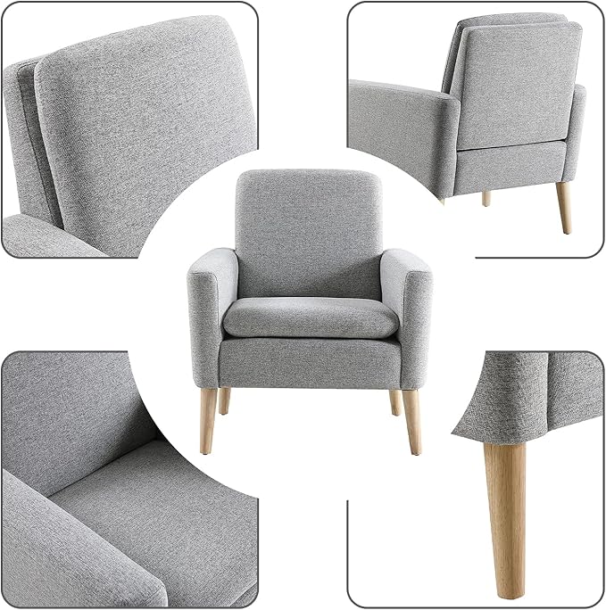 Lohoms Mid Century Modern Accent Chair, Fabric Upholstered Comfy Reading Leisure Chair for Bedroom, Living Room Stuffed Seat Single Sofa Chair with Wood Legs, Grey