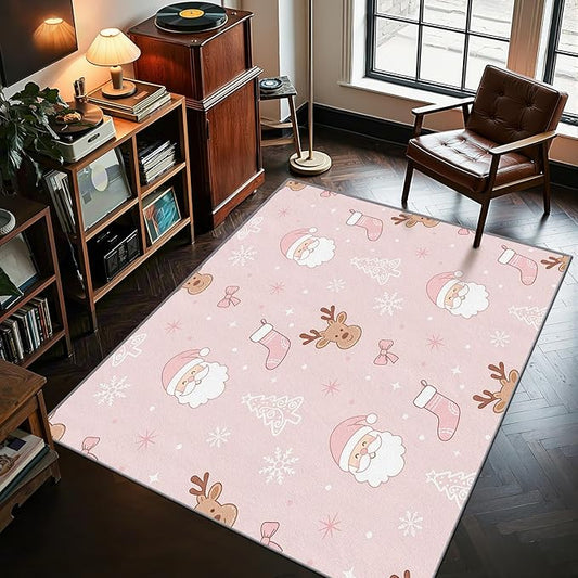 Pink Christmas Rug for Bedroom - 6x8 Rug, Santa Claus Living Room Rugs, Cartoon Xmas Bedroom Rugs, Reindeer Christmas Stocking Carpet, Xmas Tree Home Decor & Gifts