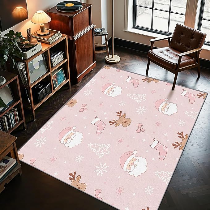 Pink Christmas Rug for Bedroom - 5x8 Rug, Santa Claus Living Room Rugs, Cartoon Xmas Bedroom Rugs, Reindeer Christmas Stocking Carpet, Xmas Tree Home Decor & Gifts
