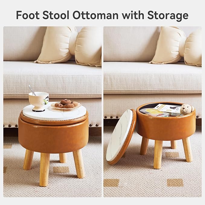 IBUYKE 13 Inch Foot Stool Ottoman with Storage, Round Small Foot Rest with Padded Seat and Wood Legs, PU Faux Leather Mini Footstool for Living Room Couch Bedroom Entryway, Yellowish-Brown WBD023J