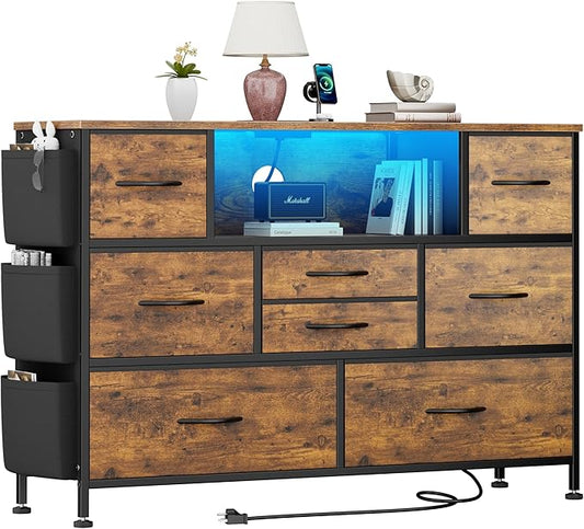 Dresser for Bedroom with 8 Drawers, Dresser TV Stand with LED Lights, Fabric Chest of Drawers with Side Pocket for Living Room, Entryway, Bedroom Furniture (Rustic Brown)