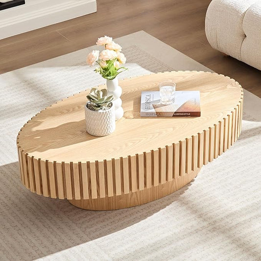 43.7'' Round Coffee Table for Living Room,Modern Handcraft Drum Coffee Table Wood Small Coffee Table with Sturdy Pedestal,Oak