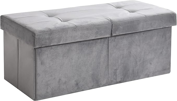 CUYOCA Storage Ottoman Bench Foldable Seat Footrest Shoe Bench End of Bed Storage with Flipping Lid, 75L Storage Space, 30 inches Velvet Light Grey