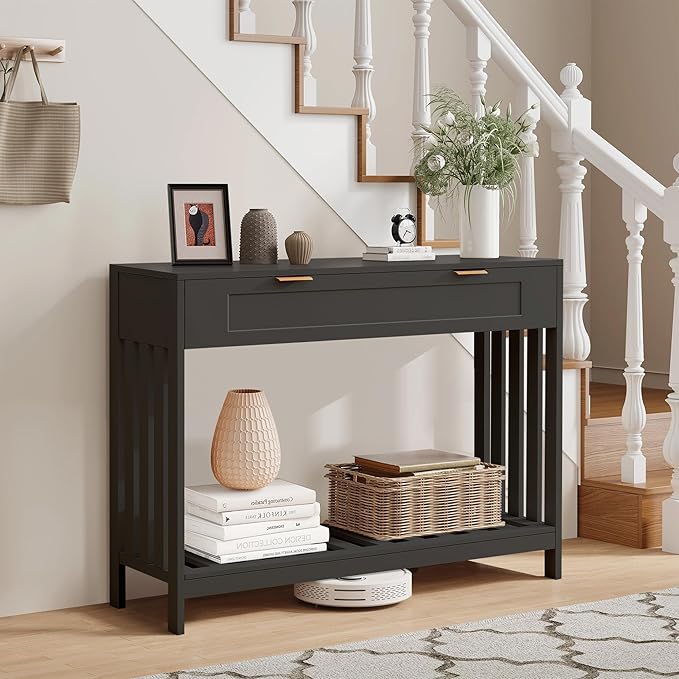 Console Table with Drawers Narrow Entry Table with Large Drawer & Open Storage Slats Shelf, Wooden Long Behind Couch Sofa Table for Living Room,Entryway, Foyer, Hallway(Black)