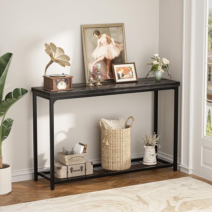 Console Table, Entryway Table, Sofa Table with Mesh Shelves, Console Tables for Living Room, Bedroom, Hallway, Entryway, Foyer (2 Tier, Oak Grey, 47 inch)