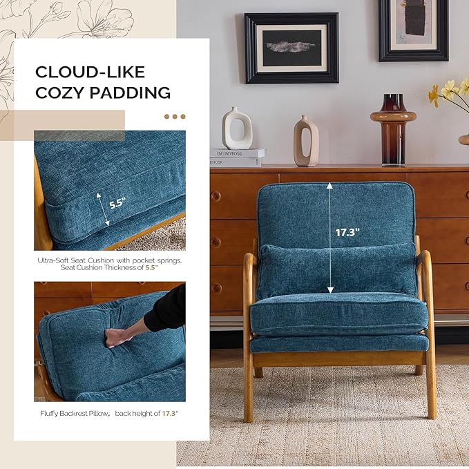 VINGLI Chenille Mid-Century Modern Accent Chair Set of 2, Cute Reading Arm Chair with Cushion & Lumbar Pillow & Solid Wood Frame for Lounge, Living Room, Reading Room, Bedroom, Blue