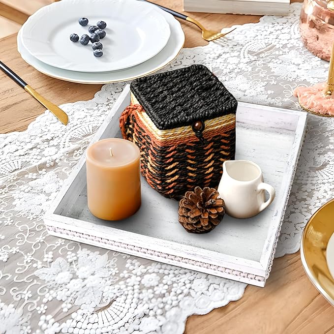 Wooden Decorative Tray, Small Serving Tray with Wood Bead, Farmhouse Big Tray for Ottoman, Countertop, Coffee Tabl, 13" x 13"x 1.6" (Retro White)