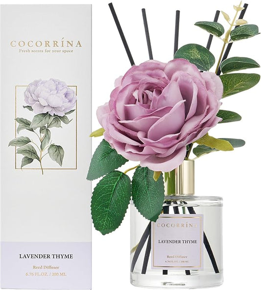 Cocorrína Flower Reed Diffuser - Lavender Thyme 6.7oz Scented Diffuser with Sticks Home Fragrance Essential Oil for Bathroom Shelf Decor (Artificial Flower)
