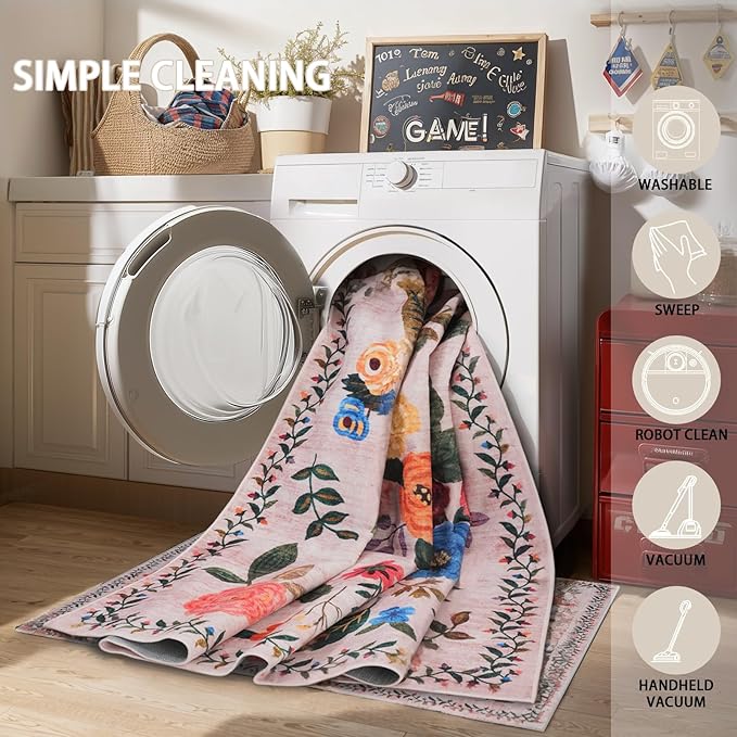 Washable Area Rug 8x10, Large Soft Rugs for Living Room Floral Carpet 8x10 Area Rugs for Bedroom Dining Room Non-Slip Stain Resistant Under Table Rug (8 x 10, Beige/Pink Lawn)