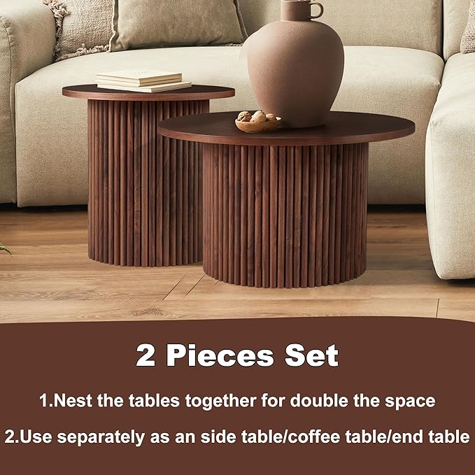 Round Coffee Table Set of 2,Small Side Table Set of 2, Circle Accent Tables with Walnut Wood Veneer Tabletop, Engineered Wood Strip Base for Small Spaces, Living Room