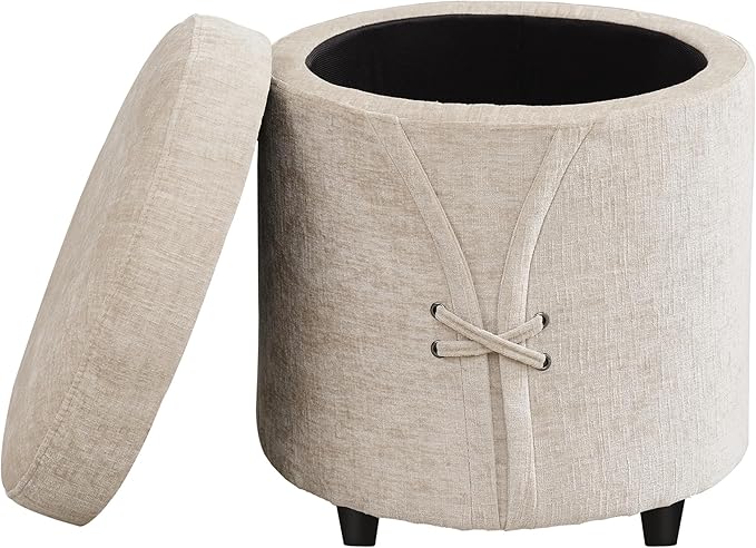 16.5 inch Tufted Small Round Storage Ottoman, Modern Upholstered Ottoman with Soft Padded Seat, Chic Round Vanity Foot Stool with Removable Lid,Light Brown