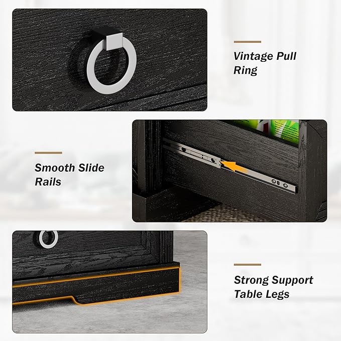 Rustic Coffee Table with Drawers 47 inch Living Room Tables with Storage, Wooden Center Table for Reading Playing Room Home Accent Table for Dining Room Apartment, Dark Oak Black