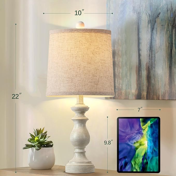 PARTPHONER Traditional Table Lamp Set of 2, Rustic Farmhouse Table Lamps for Living Room Bedroom, 22" Bedside Desk Lamps Vintage Nightstand Lamps with Linen Shades, Antique White